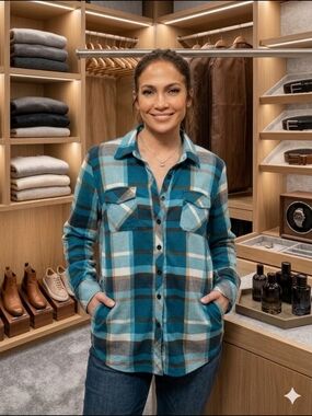 ​DJT Blue & Teal Plaid Button Down Flannel Shirt - Size XL - EUC